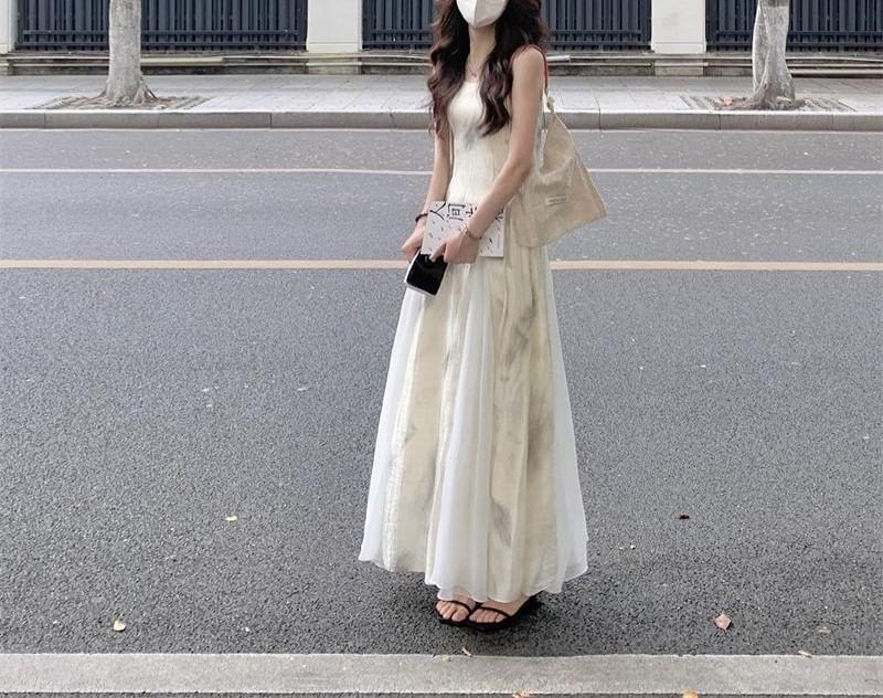 Spaghetti Strap Print Midi A-Line Dress Product Image