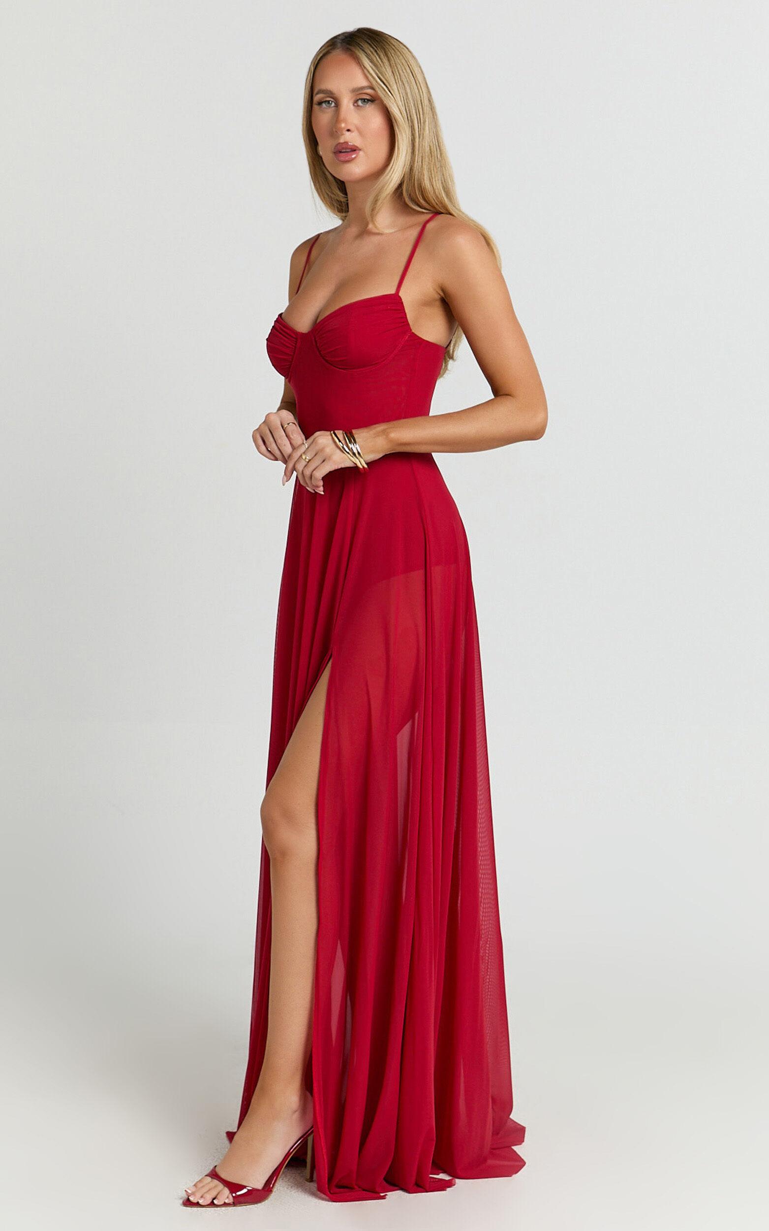 Kreanna Maxi Dress - Adjustable Strap Ruched Bodice Fit And Flare Dress in Red Product Image