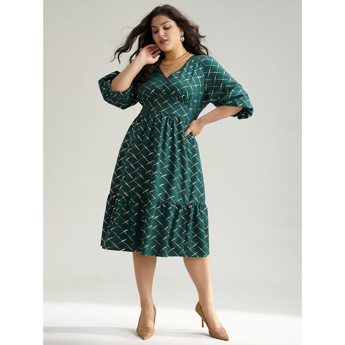 Plus Size Glitter Plaid Lantern Sleeve Ruffle Hem Dress DarkGreen Women Party Elastic cuffs V-neck Elbow-length sleeve Curvy Midi Dress BloomChic 10/M Product Image