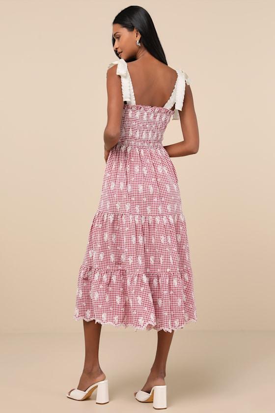 Isabella Red Gingham Embroidered Tiered Midi Dress Product Image