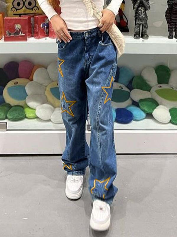 Star Embroidery Splice Boyfriend Jeans Product Image
