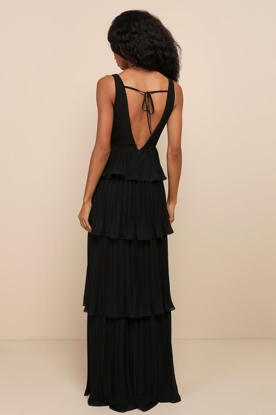 Mesmerizing Essence Black Pleated Backless Tiered Maxi Dress Product Image