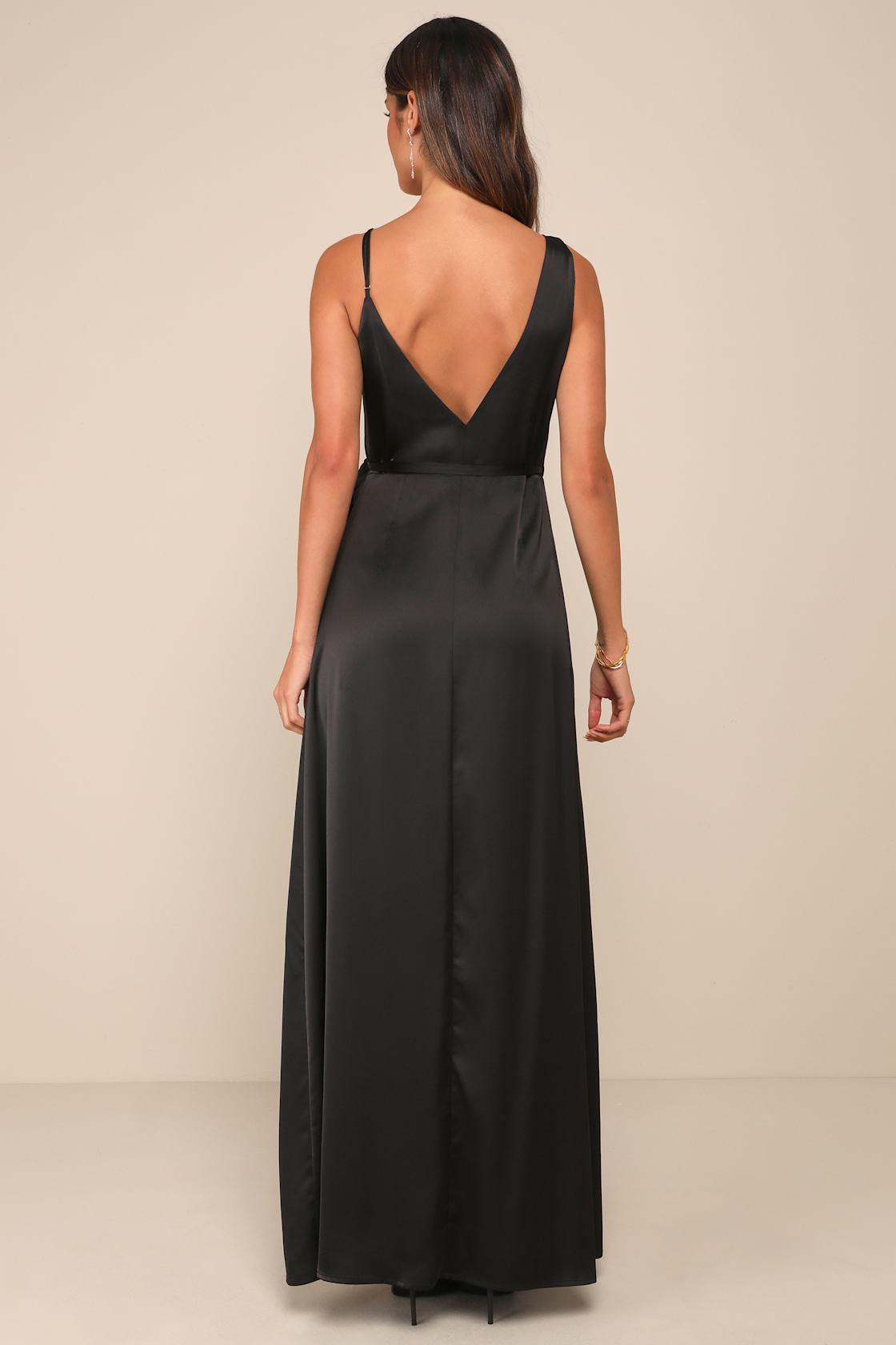 Poised Sophistication Black Satin Wrap Maxi Dress Product Image