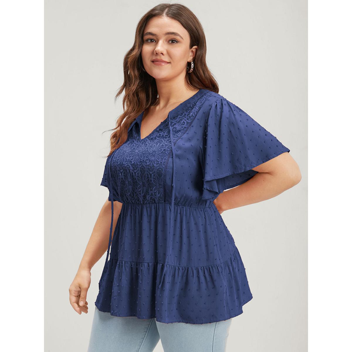Plus Size DarkBlue Plain Crochet Lace Embroidered Ruffles Ties Neck Blouse Women Elegant Short sleeve V-neck Dailywear Blouses BloomChic 10/M Product Image