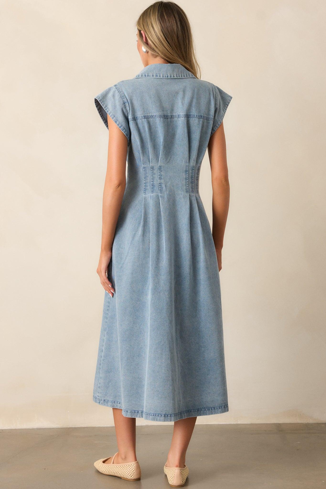Classic Tea Party Light Wash Denim Button Front Pleated Midi Dress Product Image