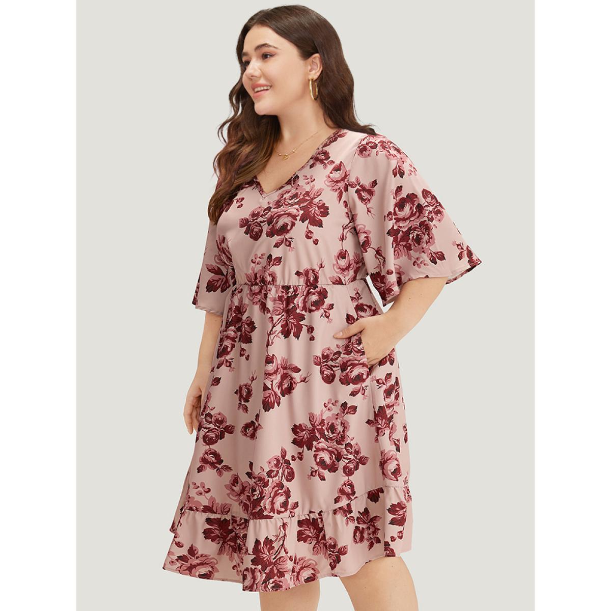 Plus Size Floral Print Pocket Flounce Sleeve Ruffle Dress DustyPink Women Elegant Printed V-neck Half Sleeve Curvy Midi Dress BloomChic 30/6X Product Image