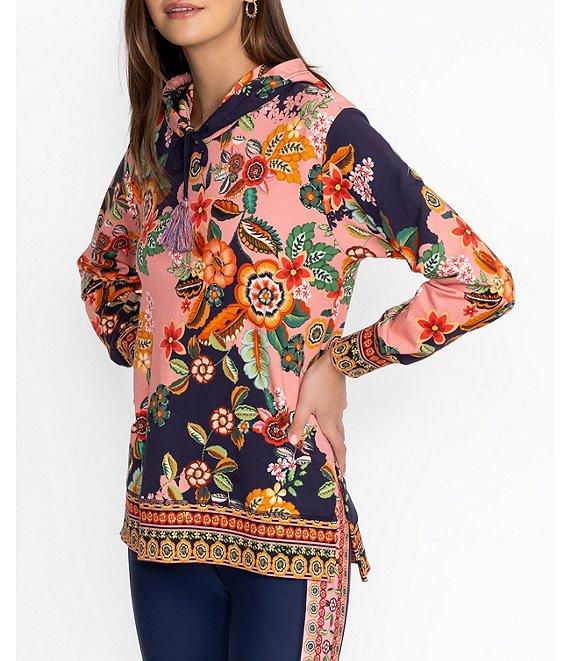 JOHNNY WAS Floral Print Cotton Stretch Knit Long Sleeve Tassel Detail Hoodie Product Image