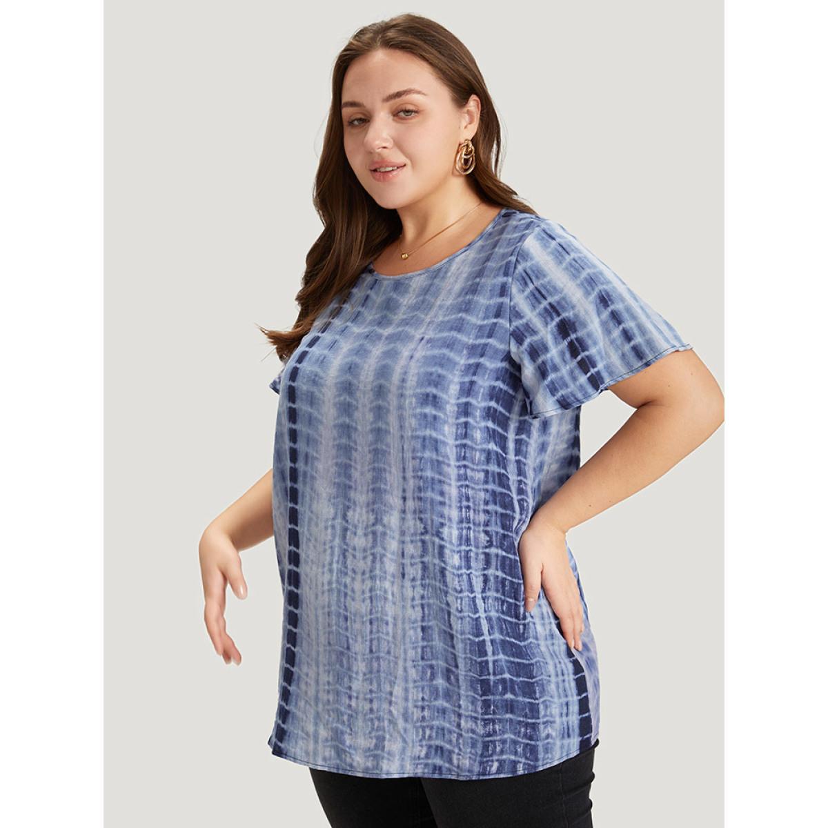 Plus Size Blue Tie Dye Ruffle Sleeve Crew Neck Blouse Women Vacation Short sleeve Round Neck Dailywear Blouses BloomChic 30/6X Product Image