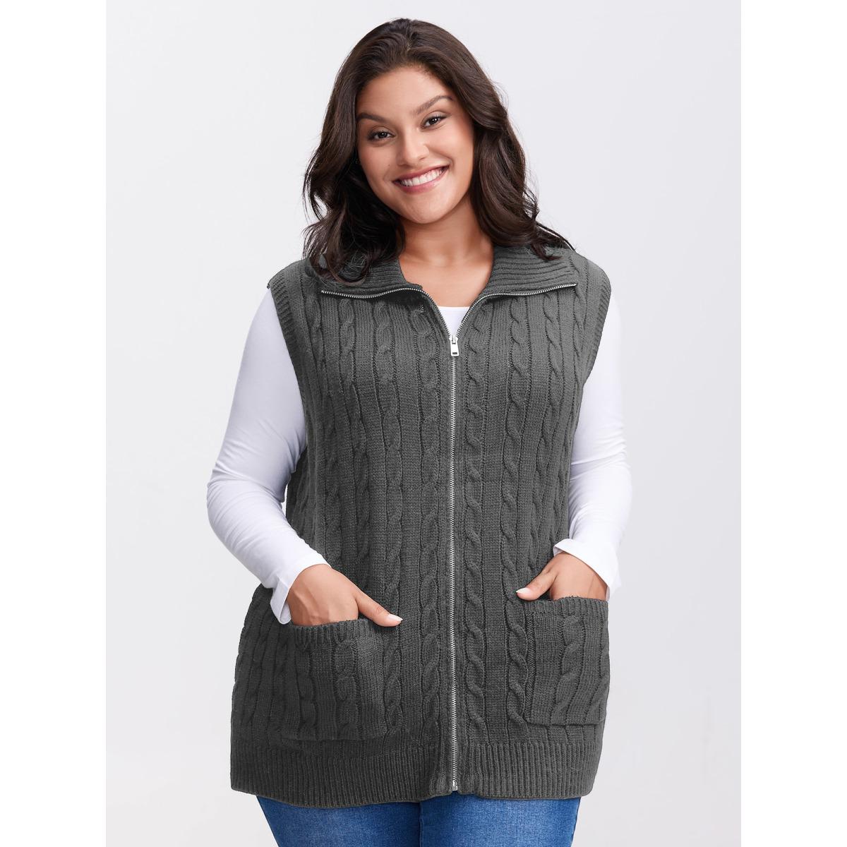 Plus Size Cable Zipper Sleeveless Knit Cardigan DimGray Women Leisure Loose Sleeveless Casual Cardigans BloomChic 30/6X Product Image