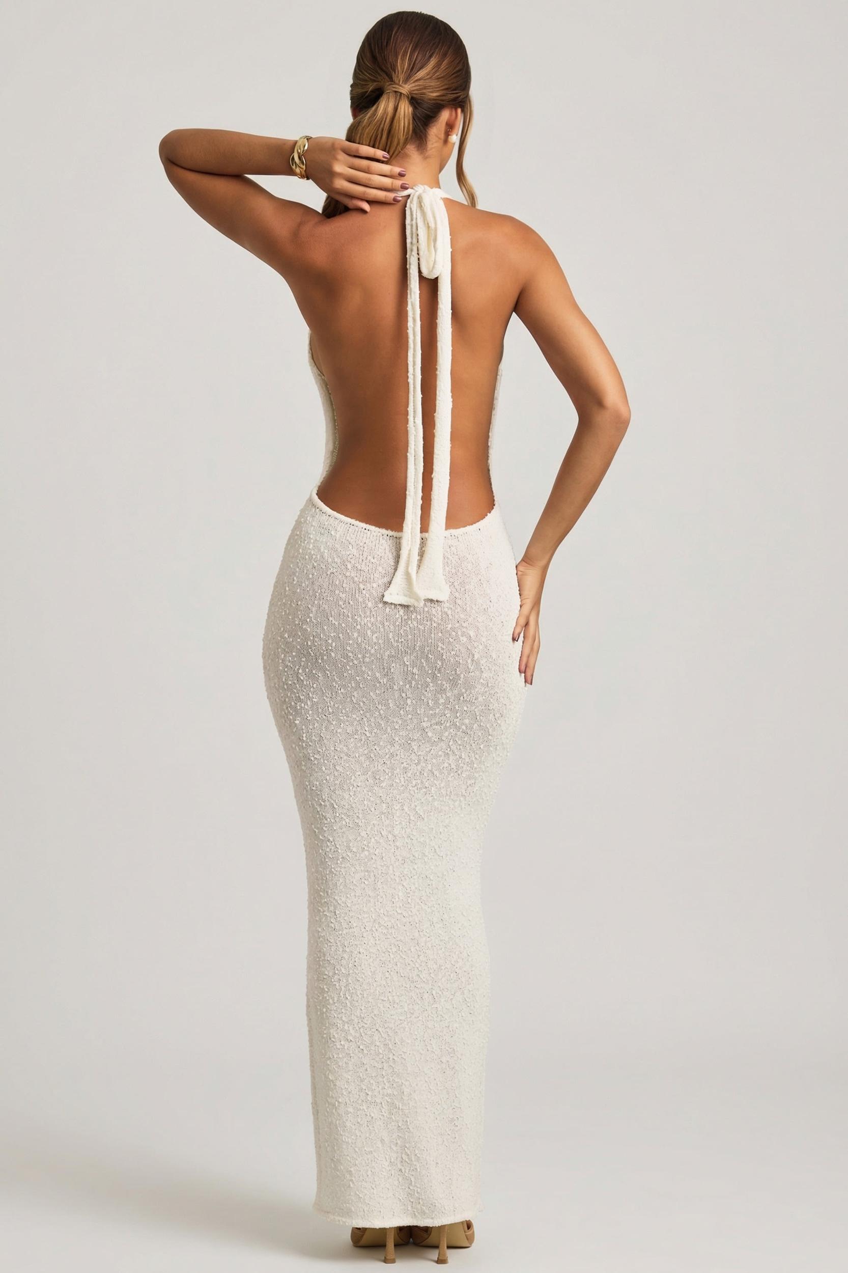 Bouclé Halterneck Maxi Dress in White Girls Product Image