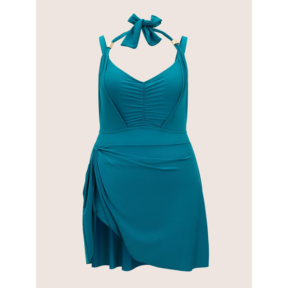 Plus Size Plain Ruched Adjustable Straps Bowknot Swim Dress Women's Swimwear Aegean Beach Bodycon V-neck High stretch Curve Swim Dresses BloomChic 14-16/1X Product Image