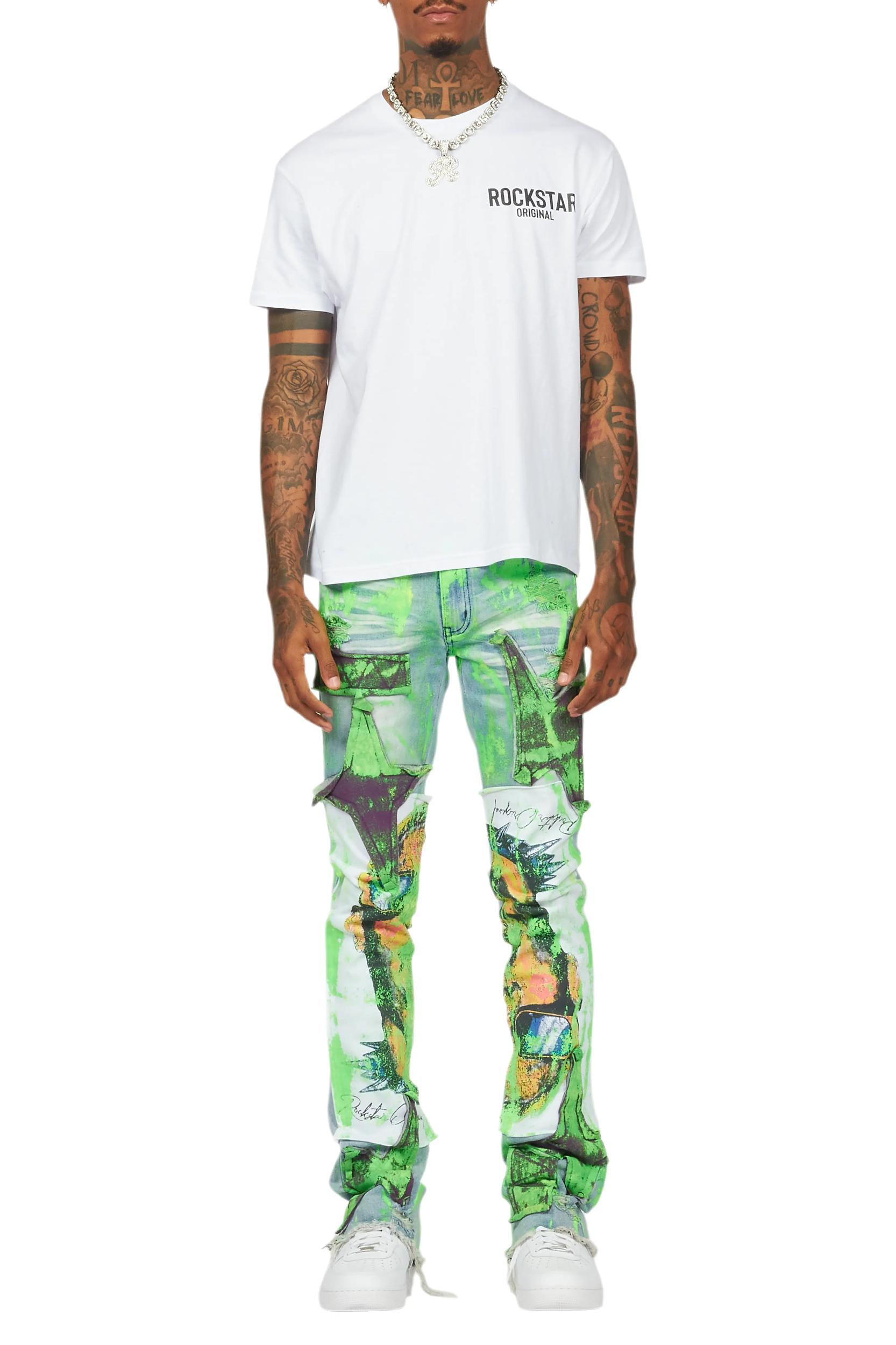 Savier Blue/Green Roller Paint Stacked Flare Jean Male Product Image