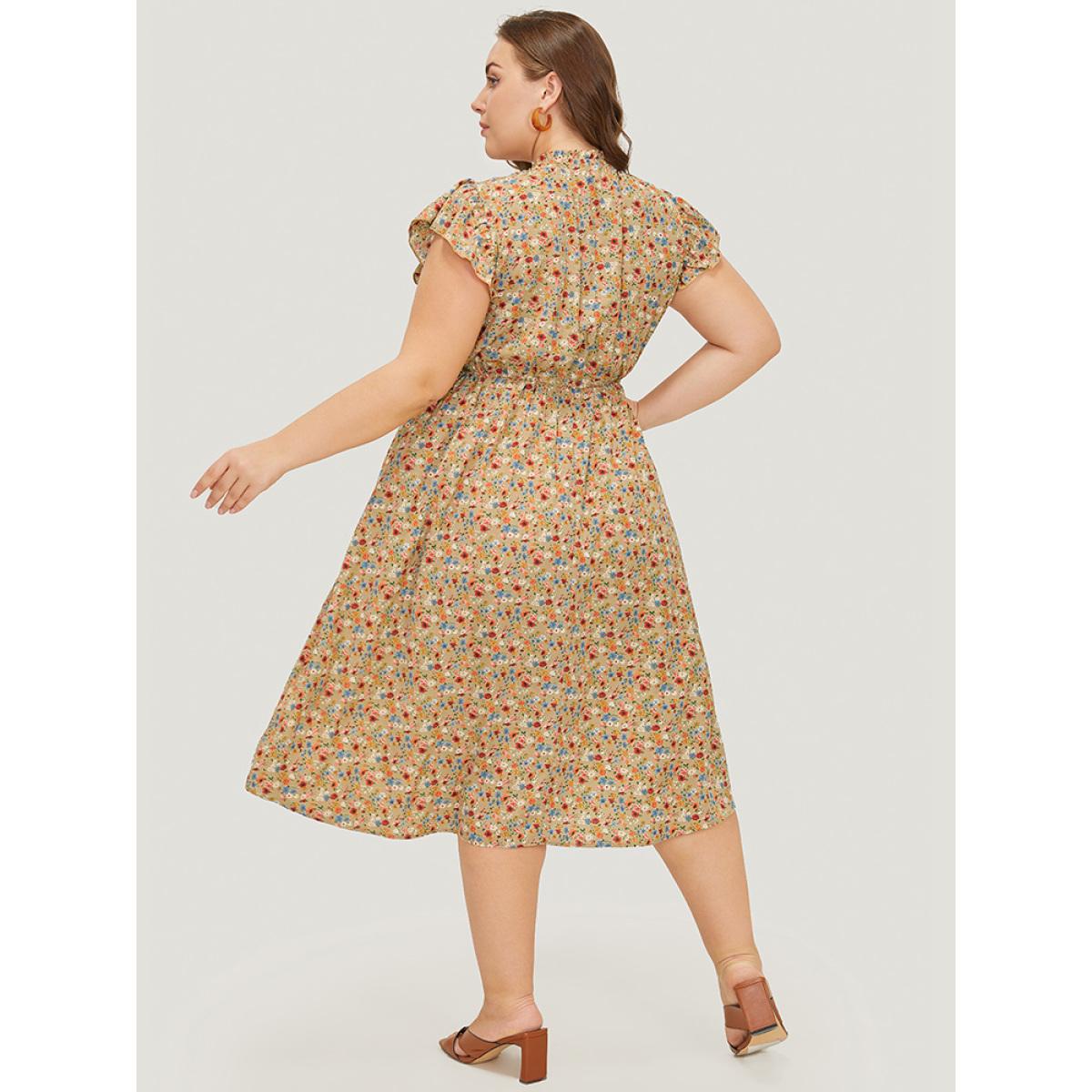 Plus Size Ditsy Floral Ruffle Sleeve Pocket Frill Trim Mock Neck Dress Tan Women Elegant Pocket Mock Neck Half Sleeve Curvy Midi Dress BloomChic 22-24/3X Product Image