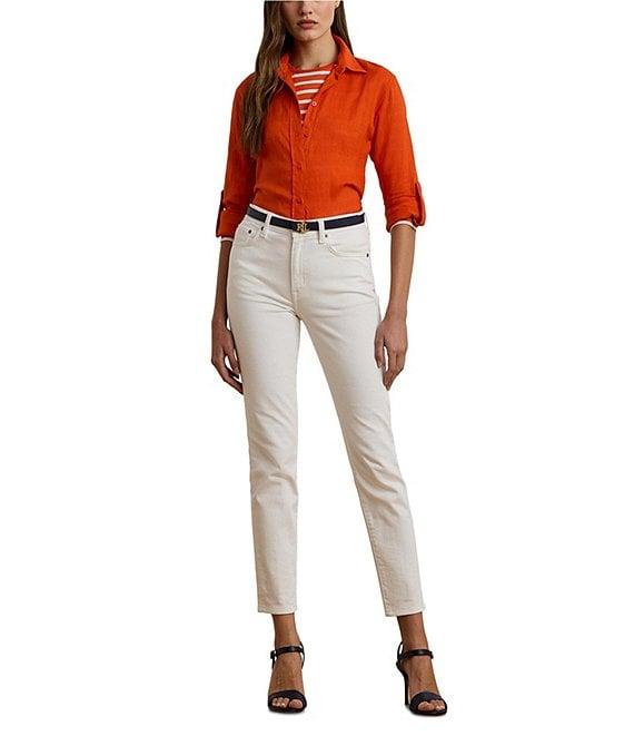Lauren Ralph Lauren Petite Size Woven Point Collar Long Roll-Tab Sleeve Button Front Shirt Product Image