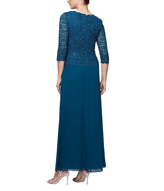 Alex Evenings Petite Size Sequined Lace Bodice Crew Neck 3/4 Sleeve Chiffon Skirted Gown Product Image
