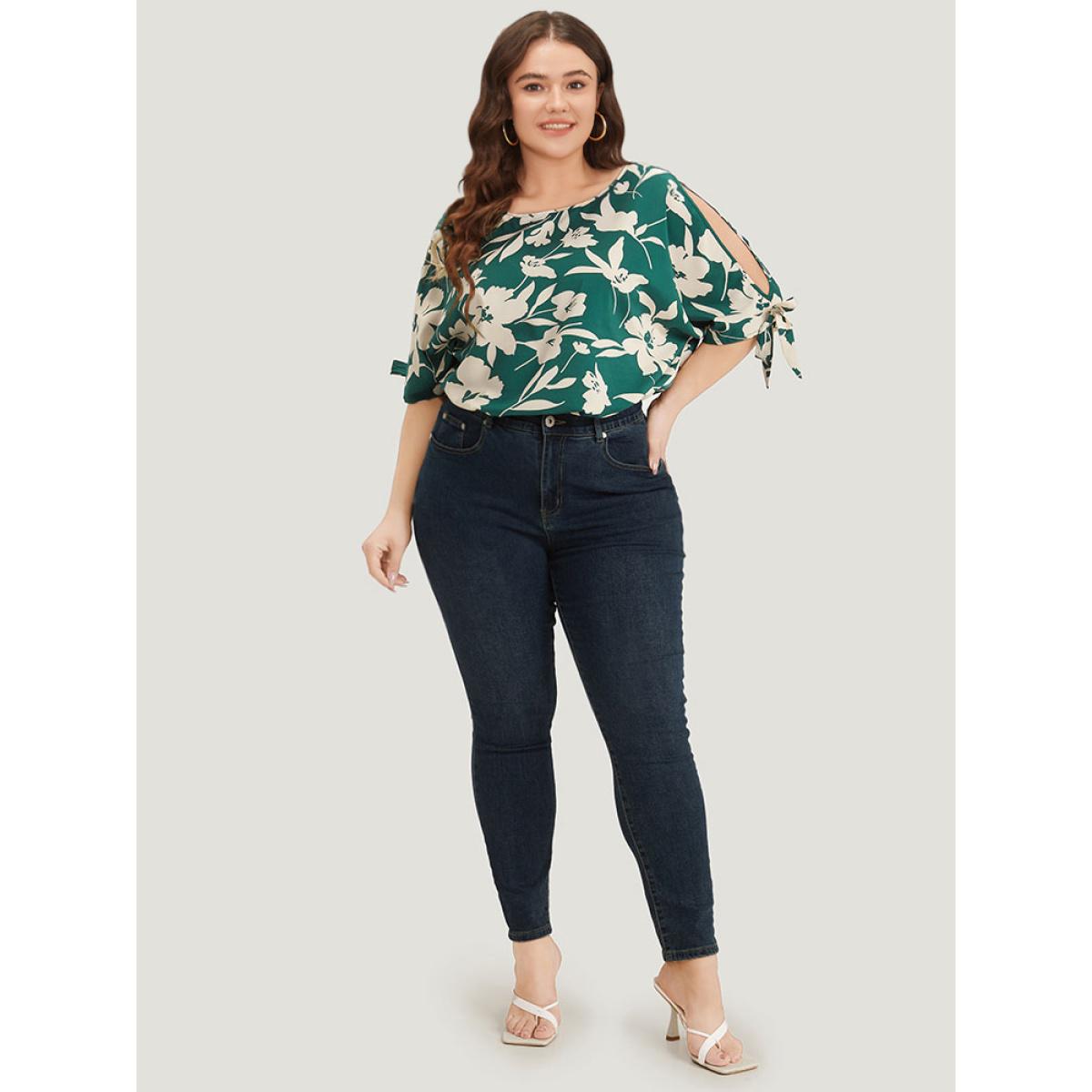 Plus Size Silhouette Floral Print Knotted Cut Out Round Neck Bodysuit Women Cyan Silhouette Floral Print Printed Bodysuits BloomChic 30/6X Product Image
