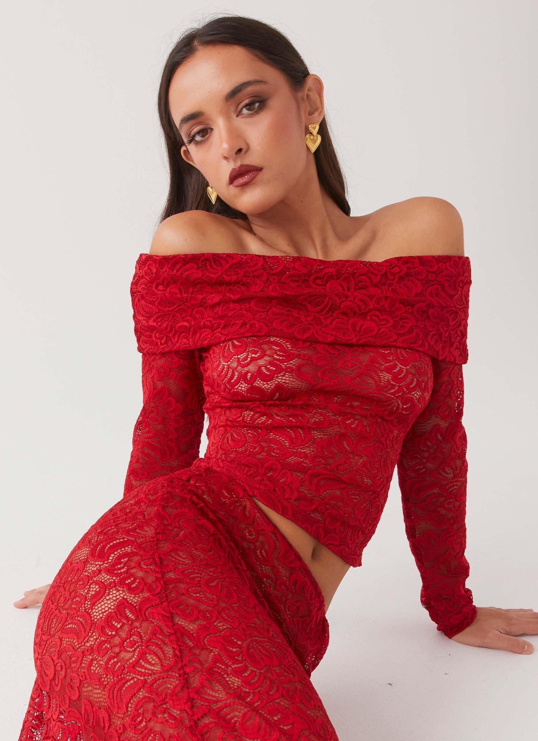 Zephyra Lace Long Sleeve Top - Red Product Image