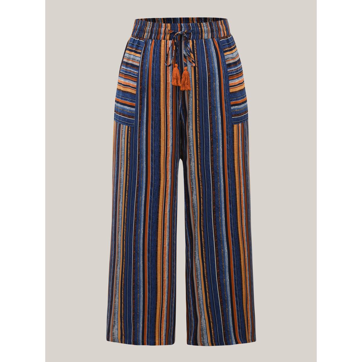 Plus Size Boho Stripes Drawstring Wide-Leg Pants Women Multicolor Boho Wide Leg Mid Rise Vacation Pants BloomChic 26/4X Product Image