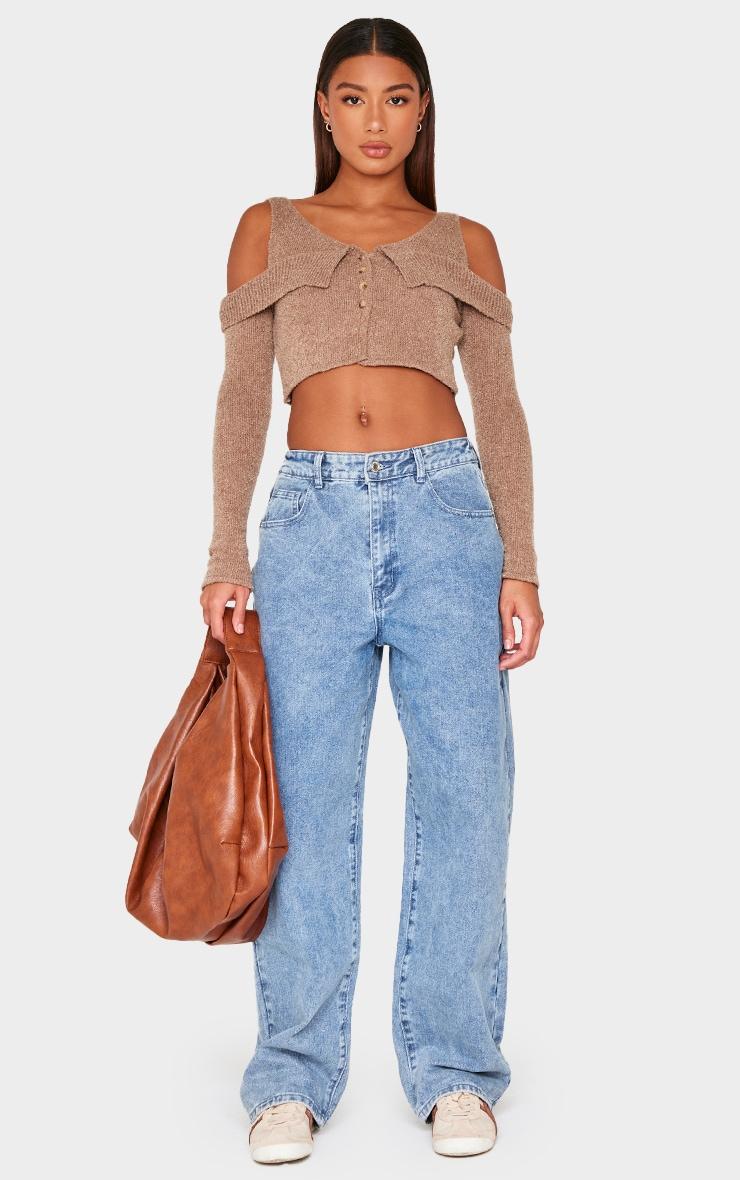 Taupe Boucle Knit Cold Shoulder Button Up Top Product Image