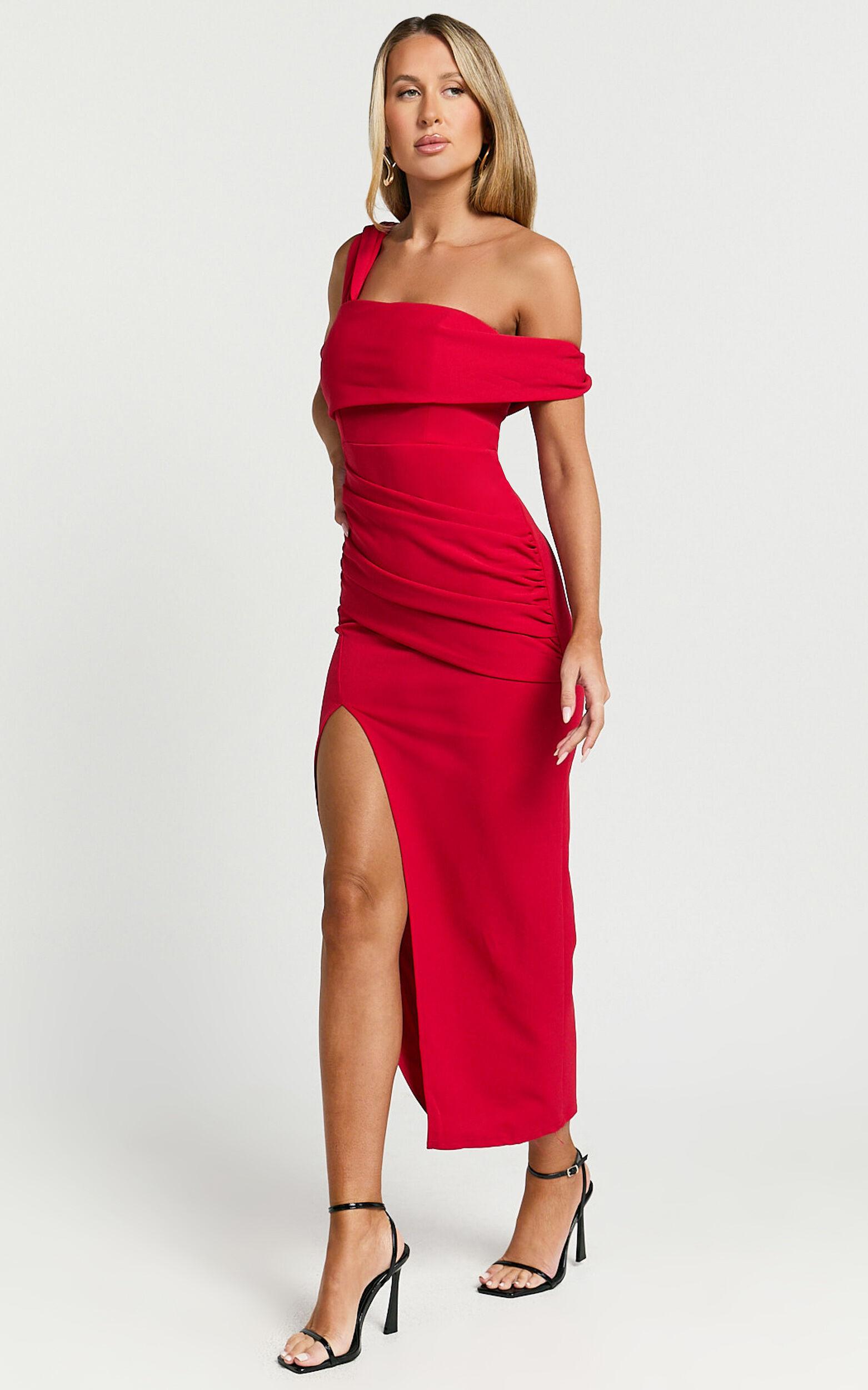 Almaida Midi Dress - Off Shoulder Ruched Side Dress in Red Product Image