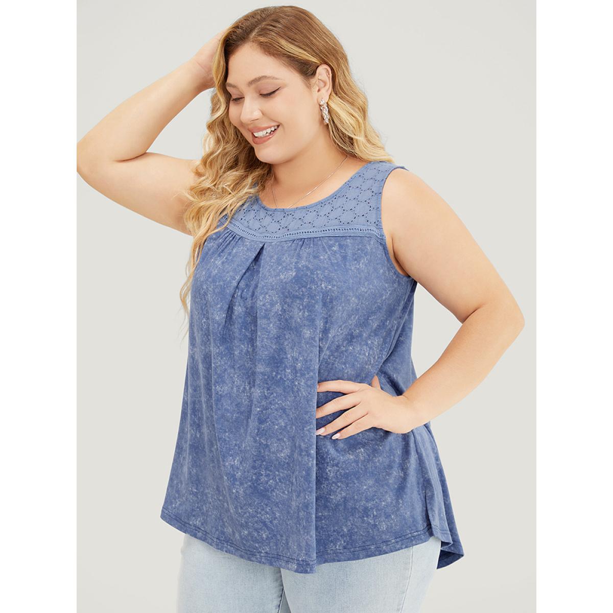 Plus Size Solid Plicated Detail Crochet Lace Tank Top Women Stone Elegant Gathered Round Neck Dailywear Tank Tops Camis BloomChic 12/L Product Image