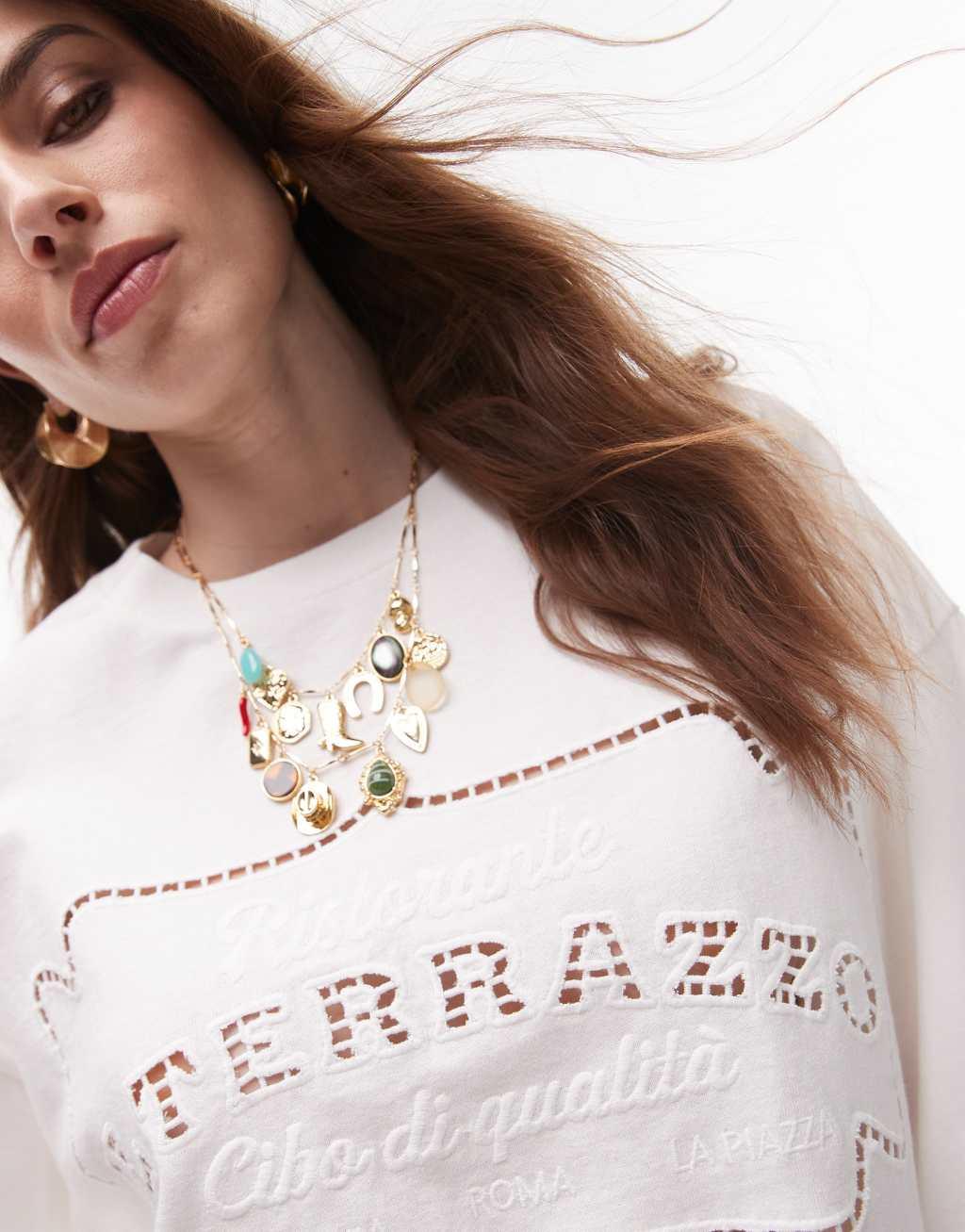 Topshop La Terezza cutwork oversized tee in white Product Image