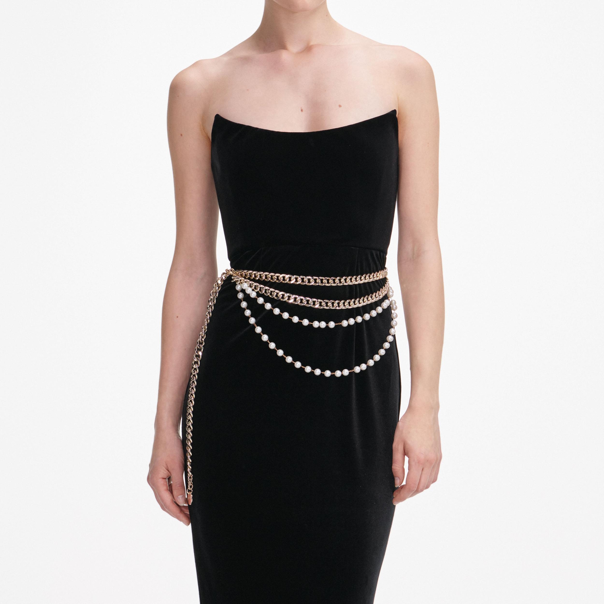 Black Velvet Chain Belt Maxi Dress Product Image