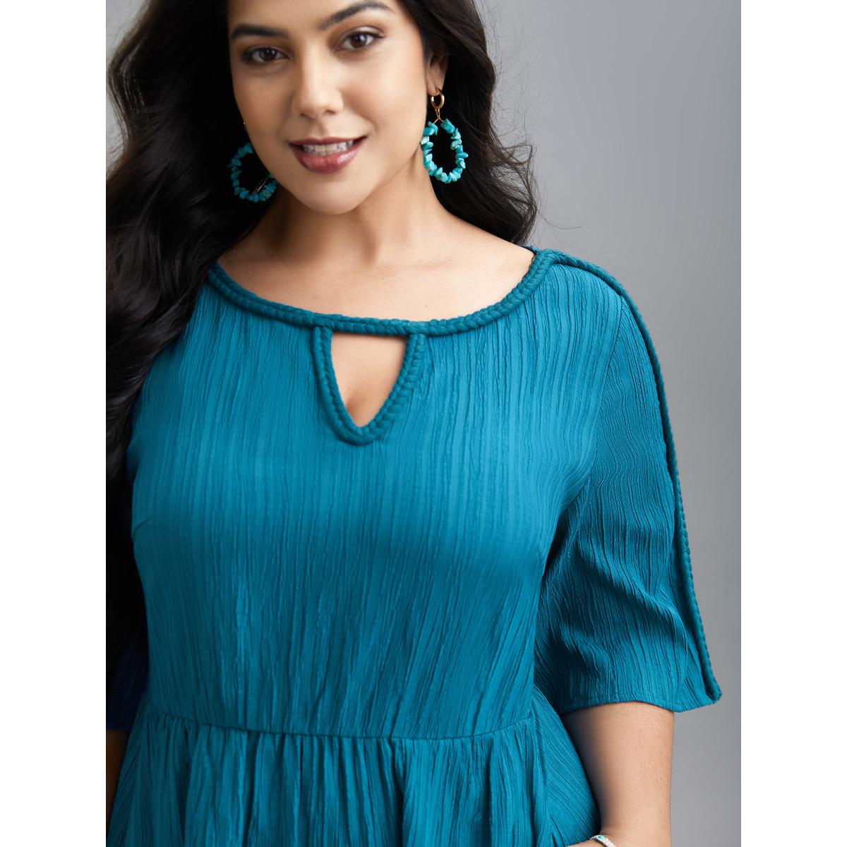 Plus Size Neck Cut-Out Textured Midi Dress Aegean Women Resort Woven ribbon&lace trim Round Neck Half Sleeve Curvy BloomChic 14-16/1X Product Image