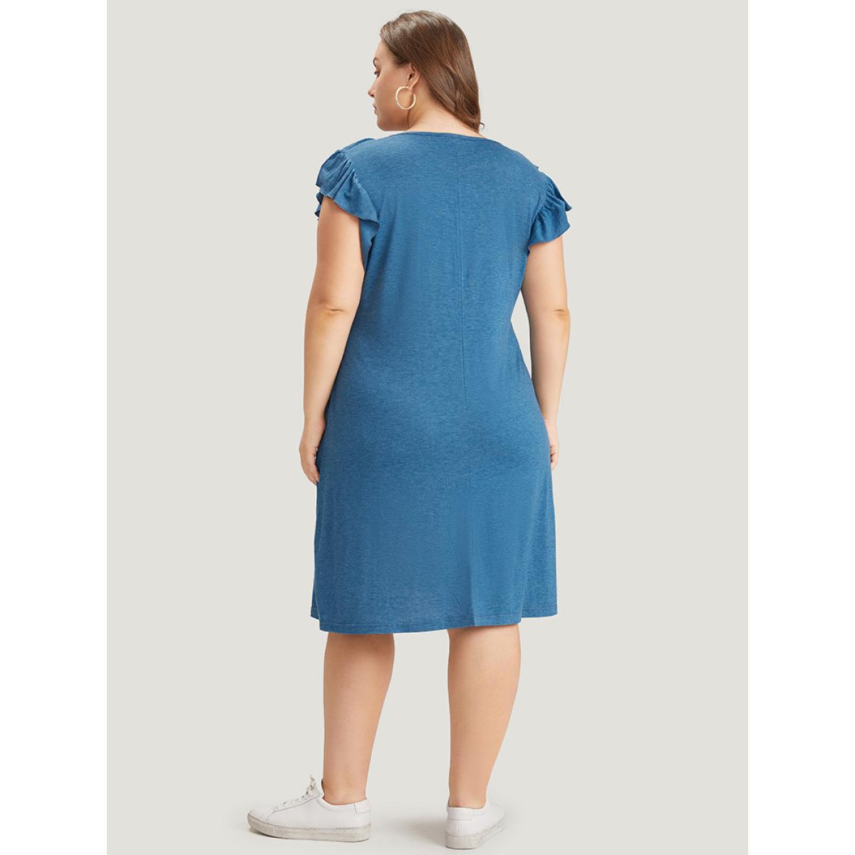 Plus Size Supersoft Essentials Plain Pocket Button Through Flutter Dress Aegean Women Casual Button V-neck Cap Sleeve Curvy Midi Dress BloomChic 10/M Product Image