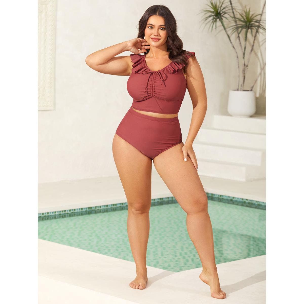 Plus Size Ruffled Drawstring Bodice Swim Top Women's Swimwear Rust Beach Drawstring High stretch Skinny V-neck Curve Swim Tops BloomChic 18-20/2X Product Image
