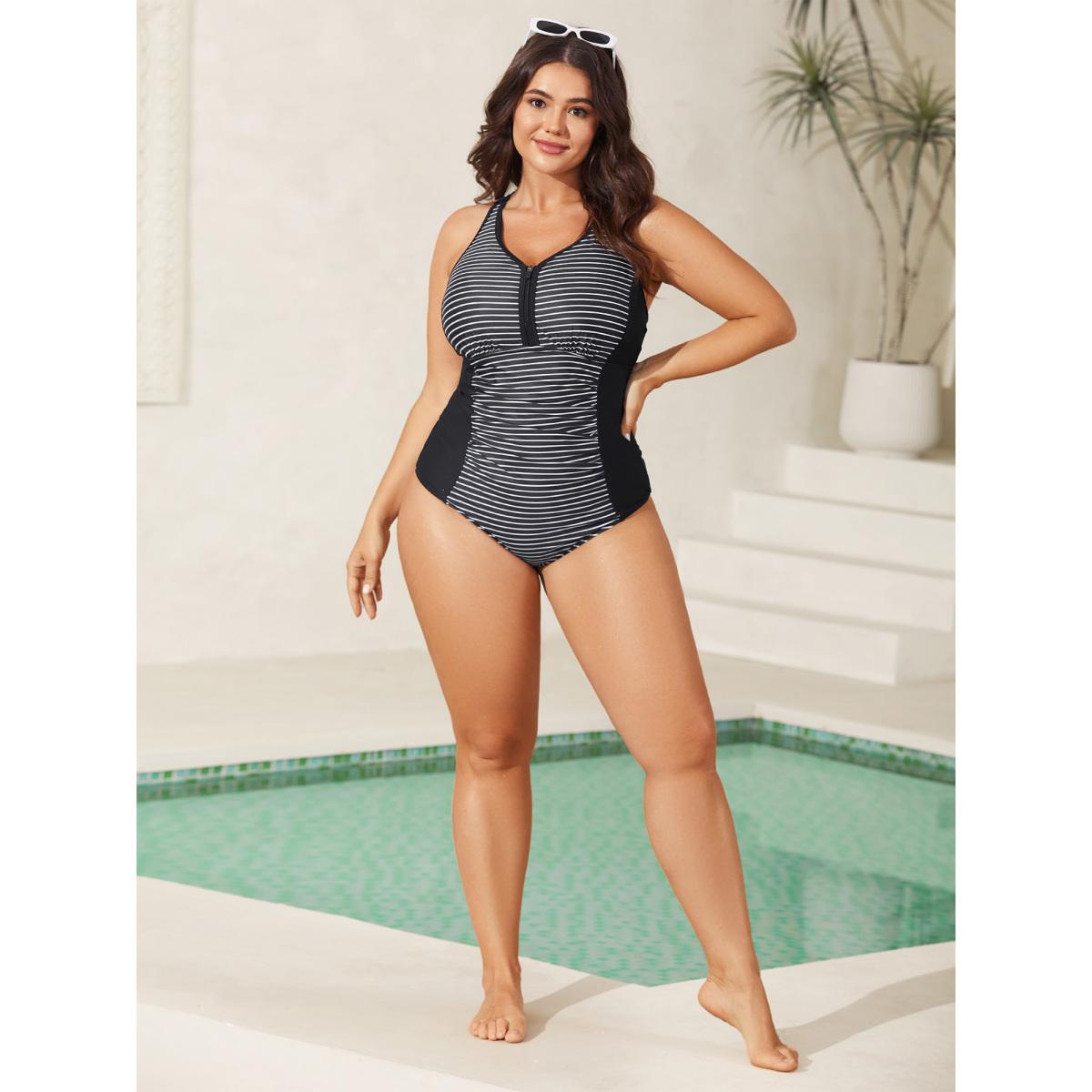 Plus Size Stripes Color Contrast One-Piece Swimsuit Women's Swimwear Black Beach Contrast Curve Bathing Suits High stretch One Pieces BloomChic 30/6X Product Image