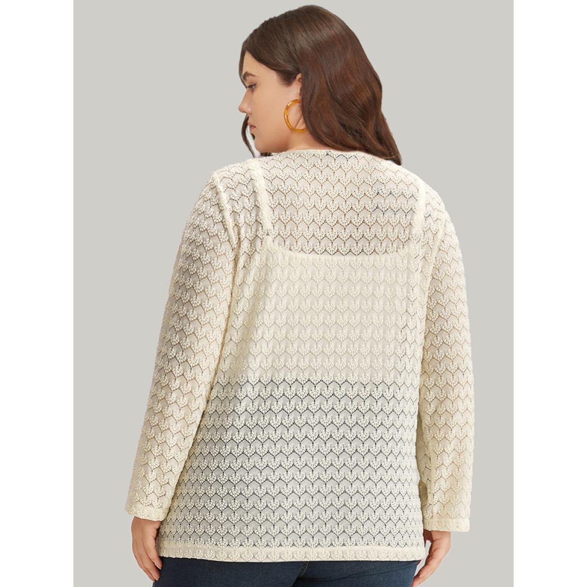 Plus Size Geometric Lace Hollow Out Button Through Jacket Women Beige Casual Plain Ladies Dailywear Winter Coats BloomChic 12/L Product Image