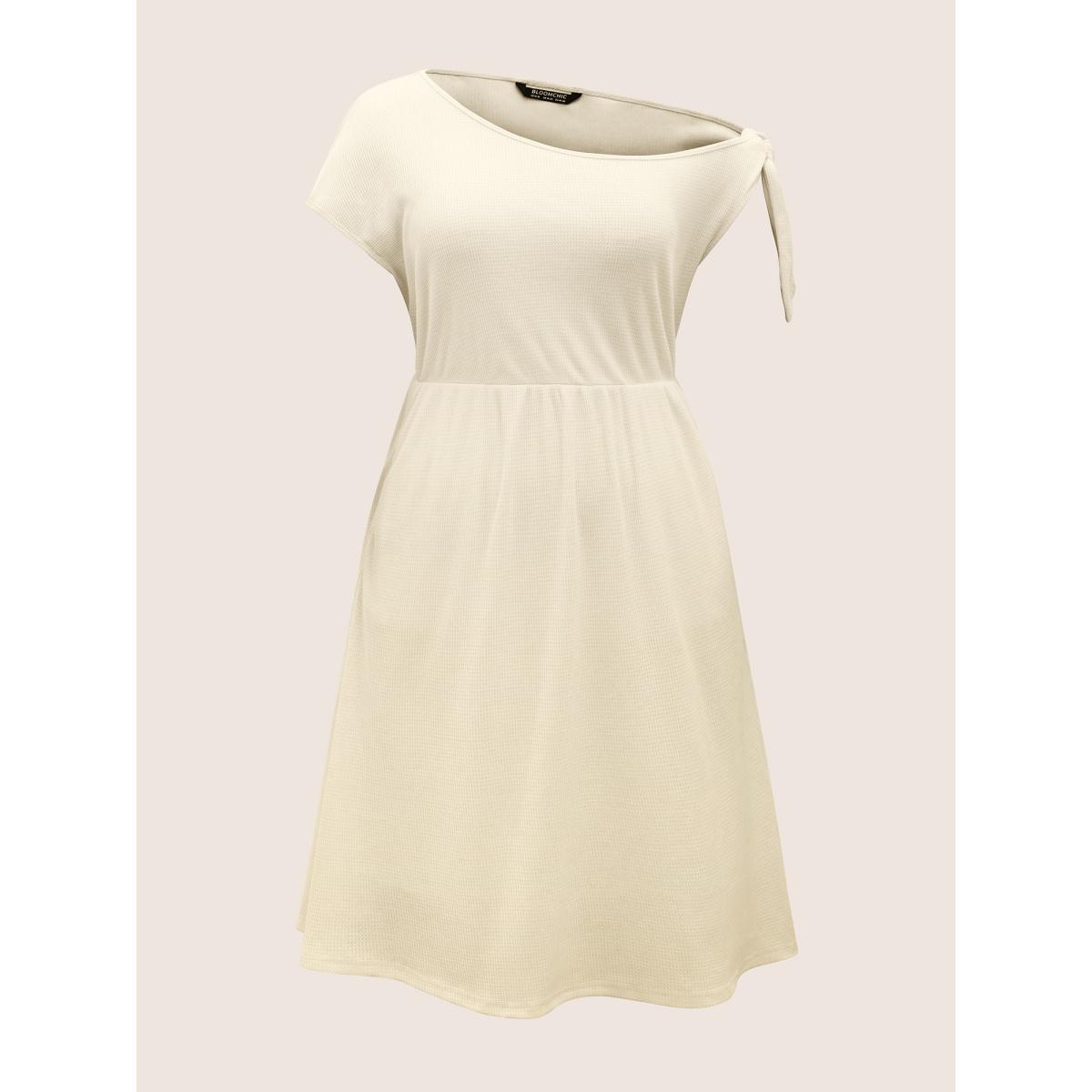 Plus Size Asymmetrical Neck Waffle Knit Tie Knot Dress Ivory Women Casual Tie knot Asymmetrical Neck Cap Sleeve Curvy Midi Dress BloomChic 12/L Product Image