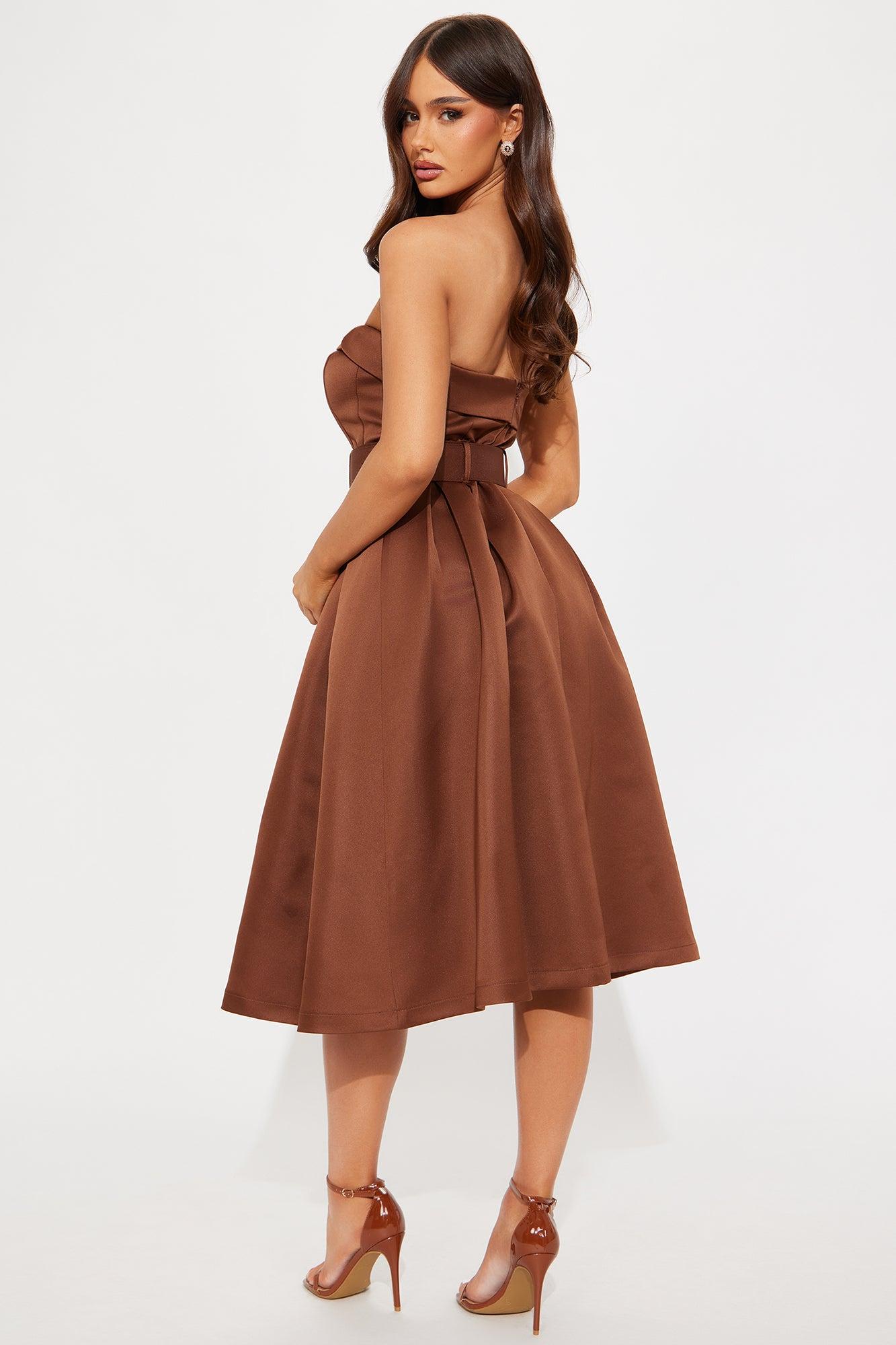 Arabella Belted Satin Midi Dress - Chocolate Female Product Image