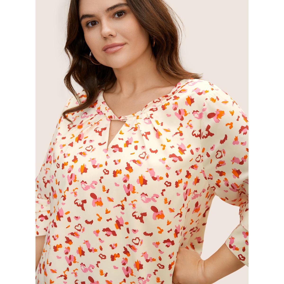 Plus Size Multicolor Allover Print Ruffle Sleeve Keyhole Blouse Women At the Office Elbow-length sleeve Round Neck Office Blouses BloomChic 28/5X Product Image