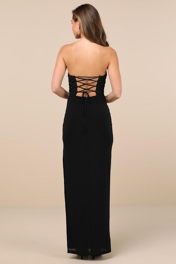 Stunning Concept Black Mesh Rhinestone Strapless Maxi Dress Product Image