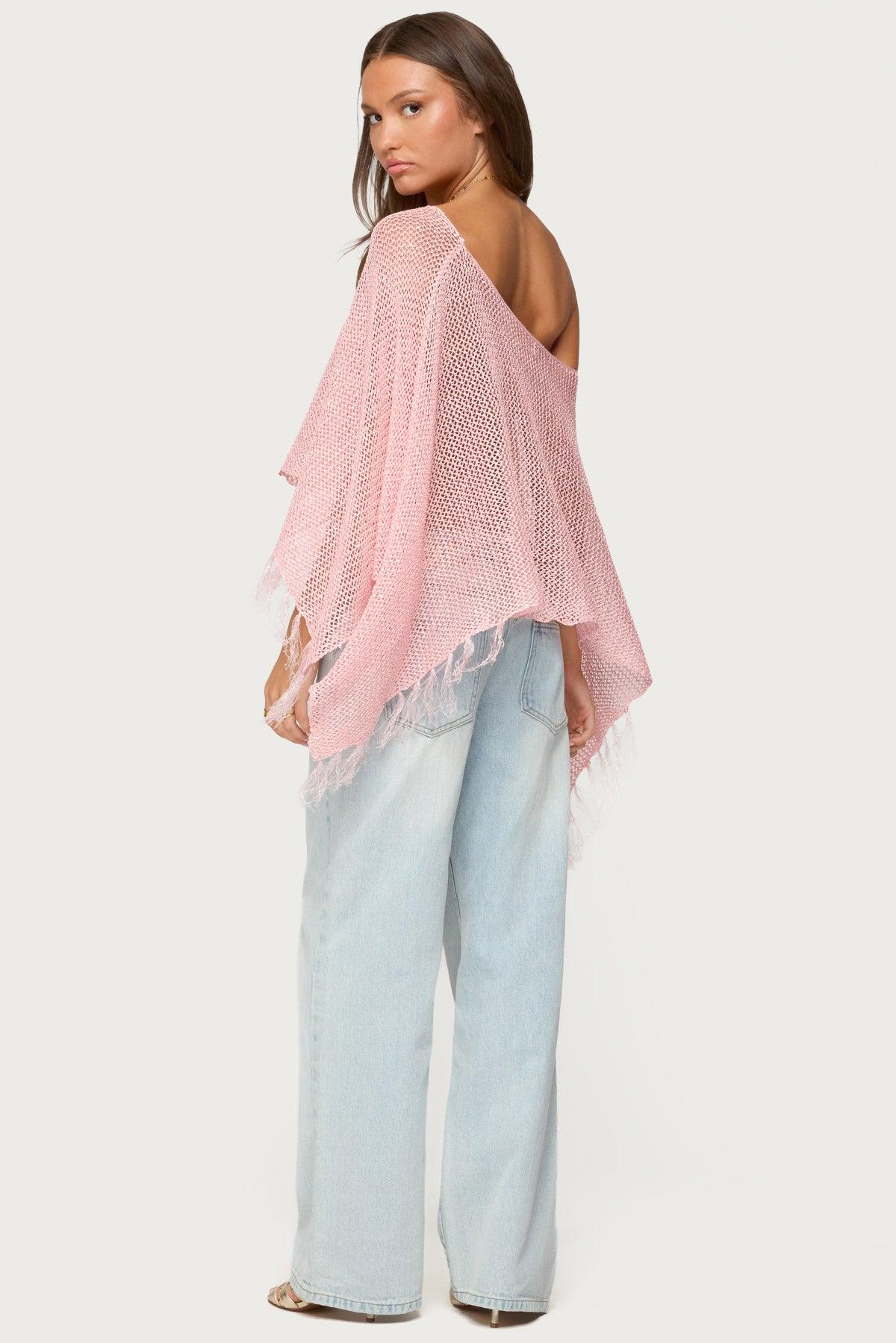 Sequin Fringe Knit Poncho Product Image