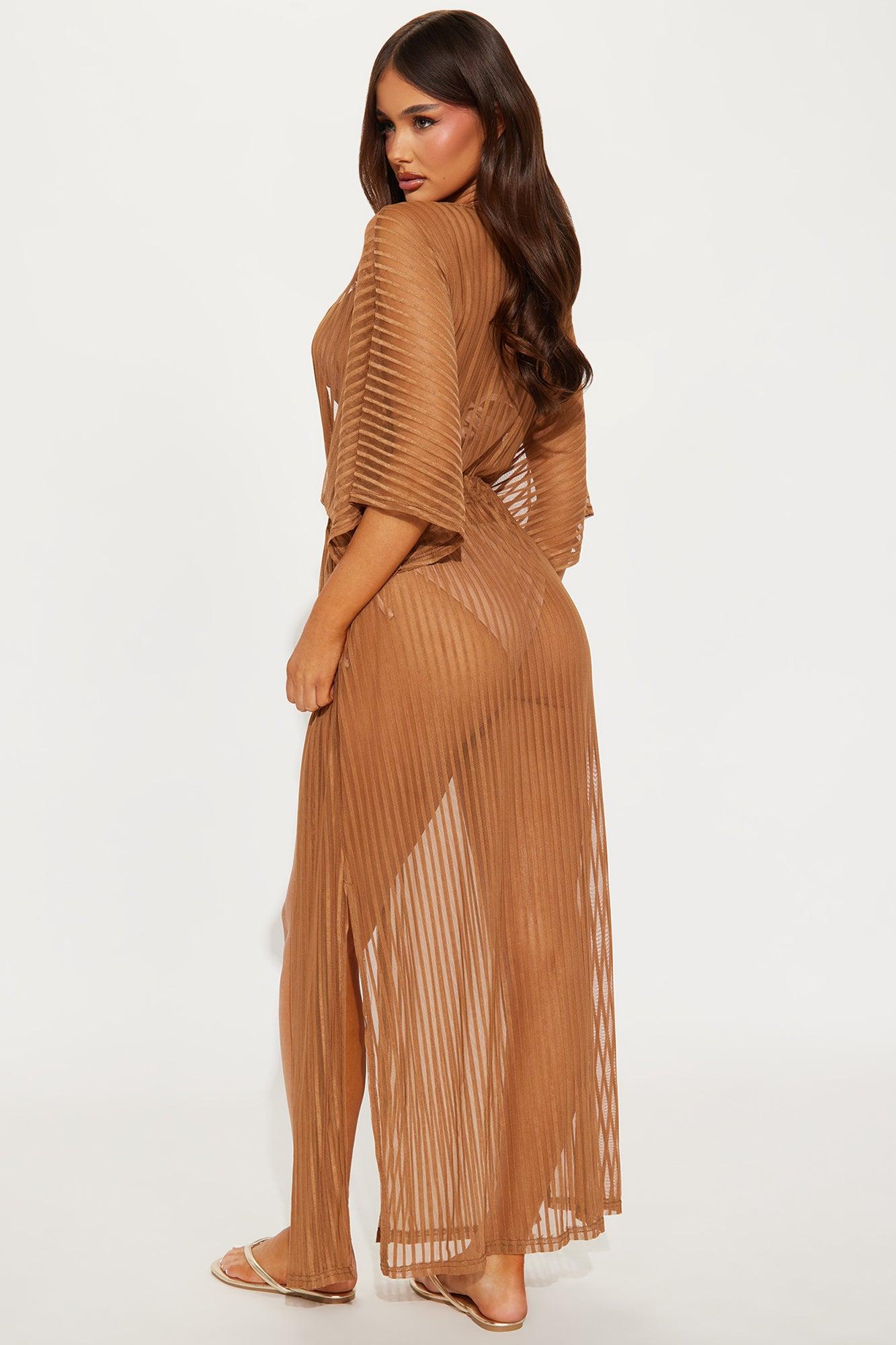 Beach Shade Stripe Cover Up Maxi Kimono - Mocha Product Image