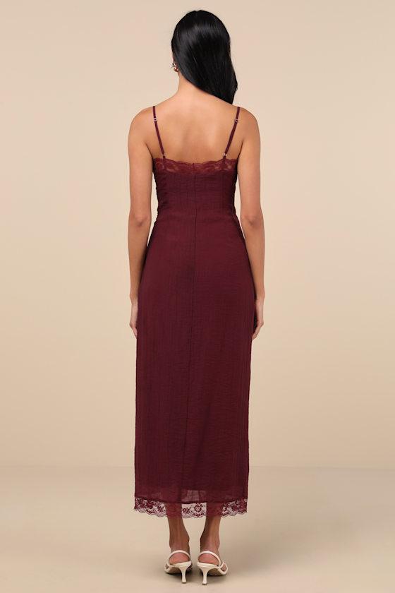 Veanna Burgundy Textured Lace Button-Front Midi Dress Product Image
