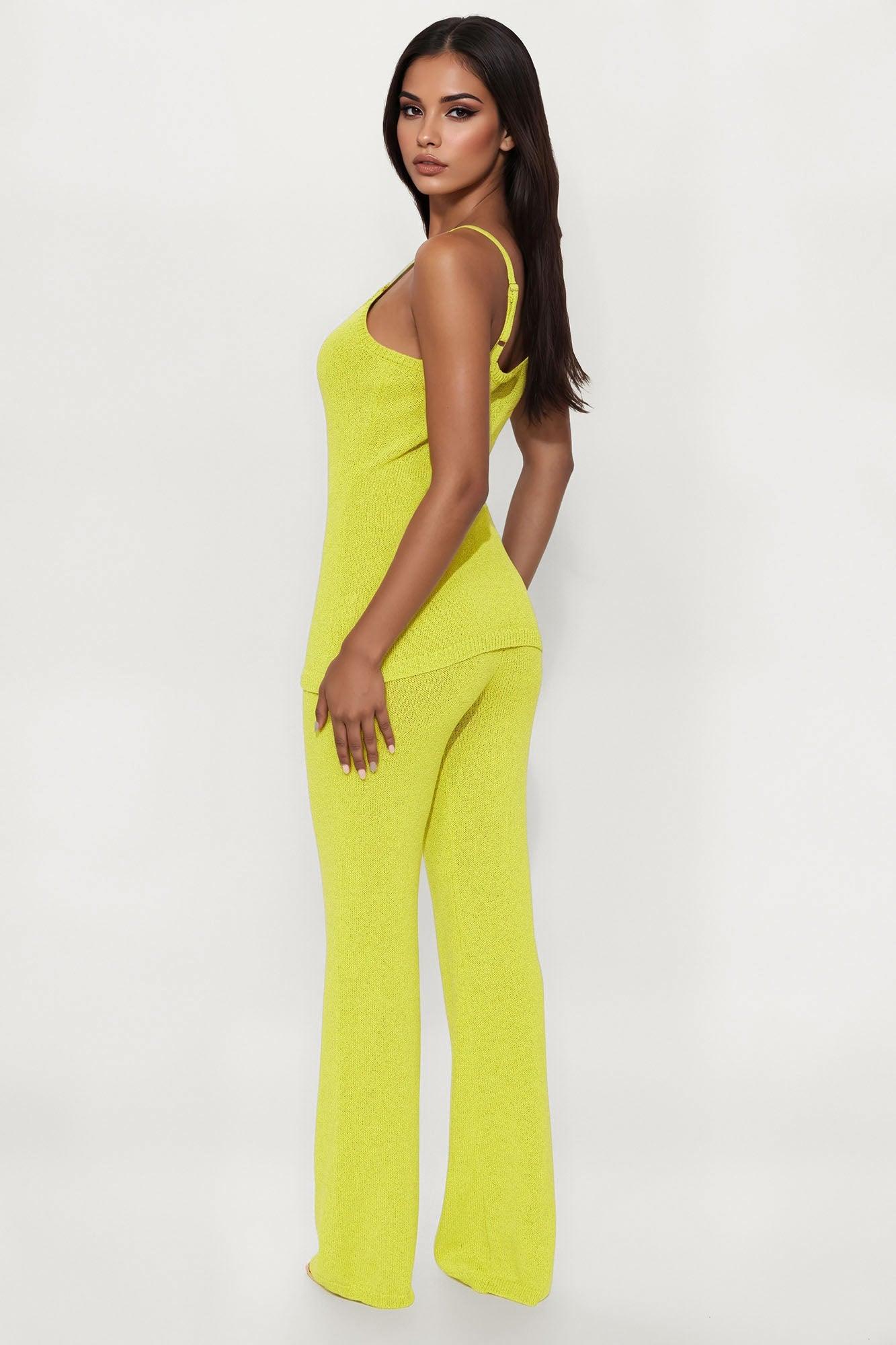 Bella Button Front Knit Pant Set - Chartreuse Female Product Image