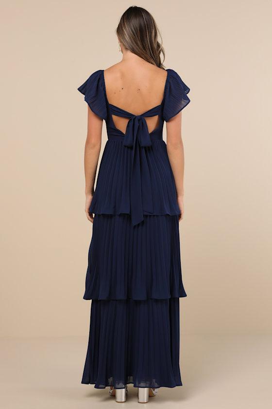 Notorious Charm Navy Blue Pleated Flutter Sleeve Maxi Dress Product Image