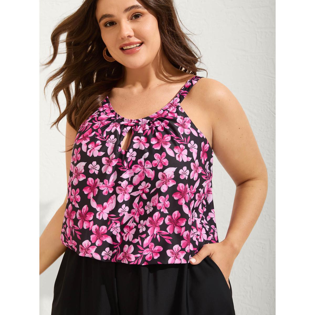 Plus Size Floral Print Keyhole Pockets Swim Romper Women's Swimwear Rosered Resort Curve Bathing Suits High stretch One Pieces BloomChic 22-24/3X Product Image