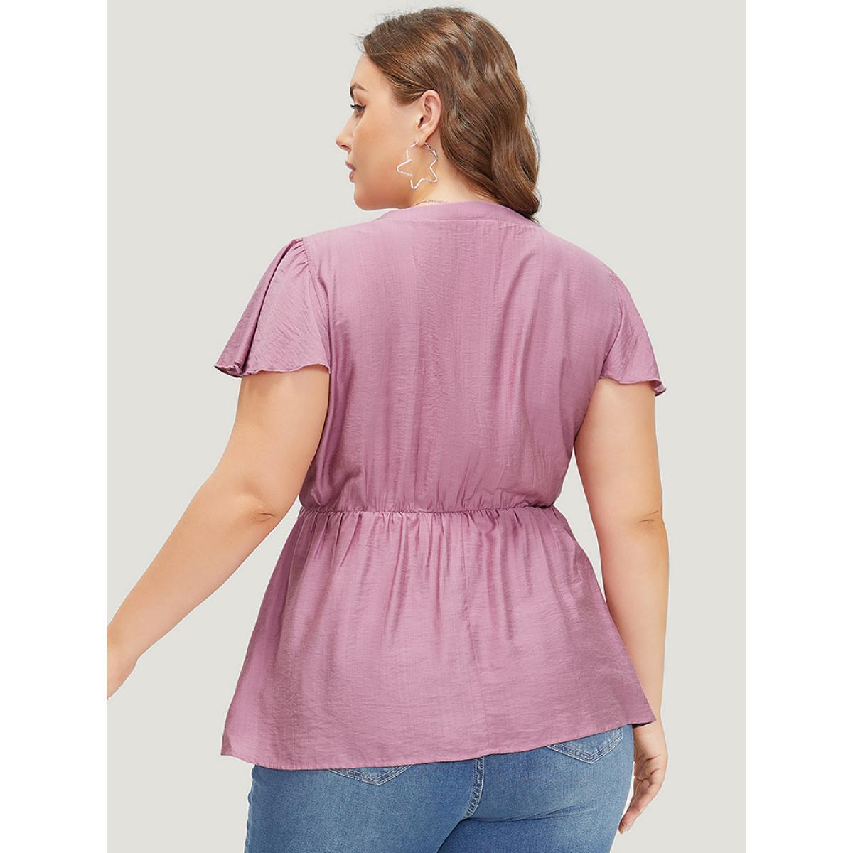Plus Size Mauve Solid Pleated Button Up Ruffle Tiered Blouse Women Elegant Short sleeve Notched collar Dailywear Blouses BloomChic 12/L Product Image