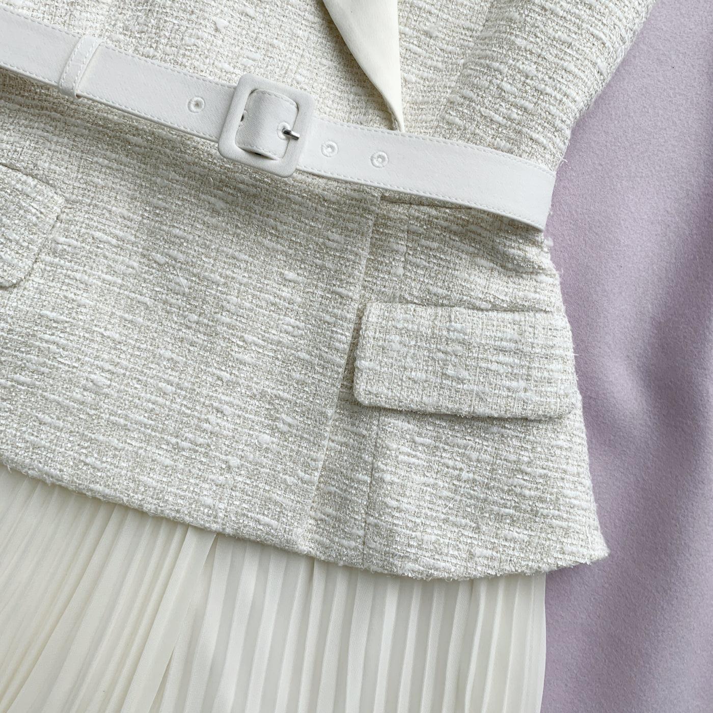 Cream Tailored Bouclé And Chiffon Midi Dress Product Image