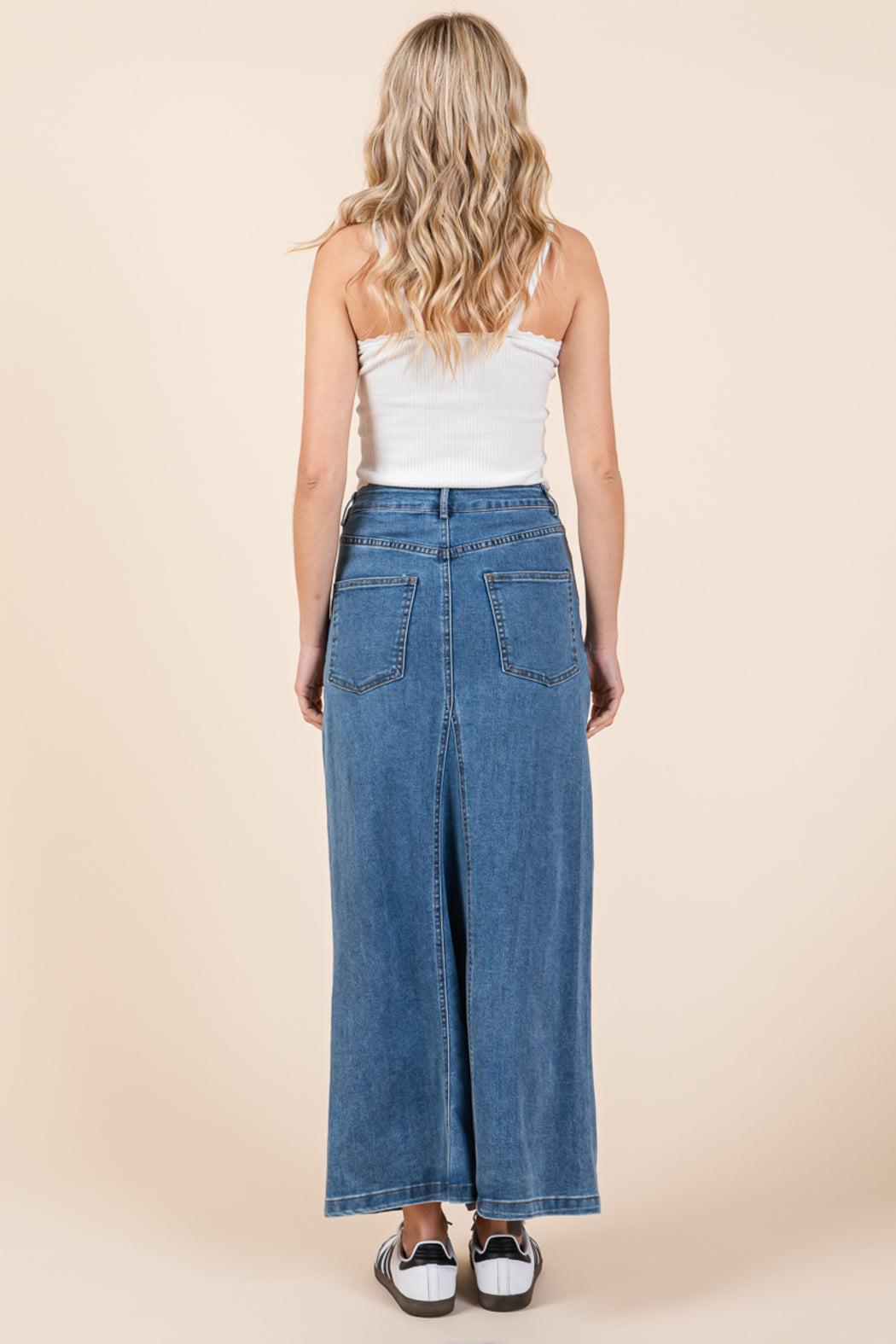 A Line Paneled Denim Long Maxi Skirt Product Image