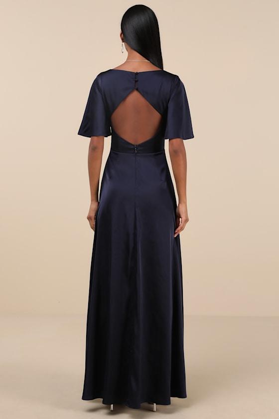 Elegant Confidence Navy Satin Flutter Sleeve Cutout Maxi Dress Product Image