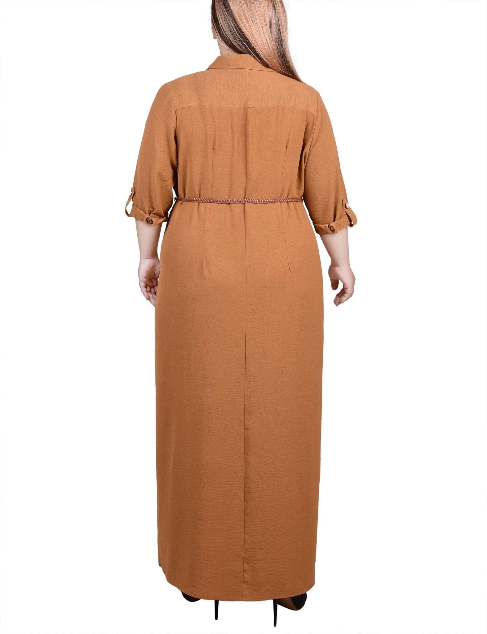 Bone Brown 3/4 Sleeve Safari Style Belted Shirtdress - Plus Product Image