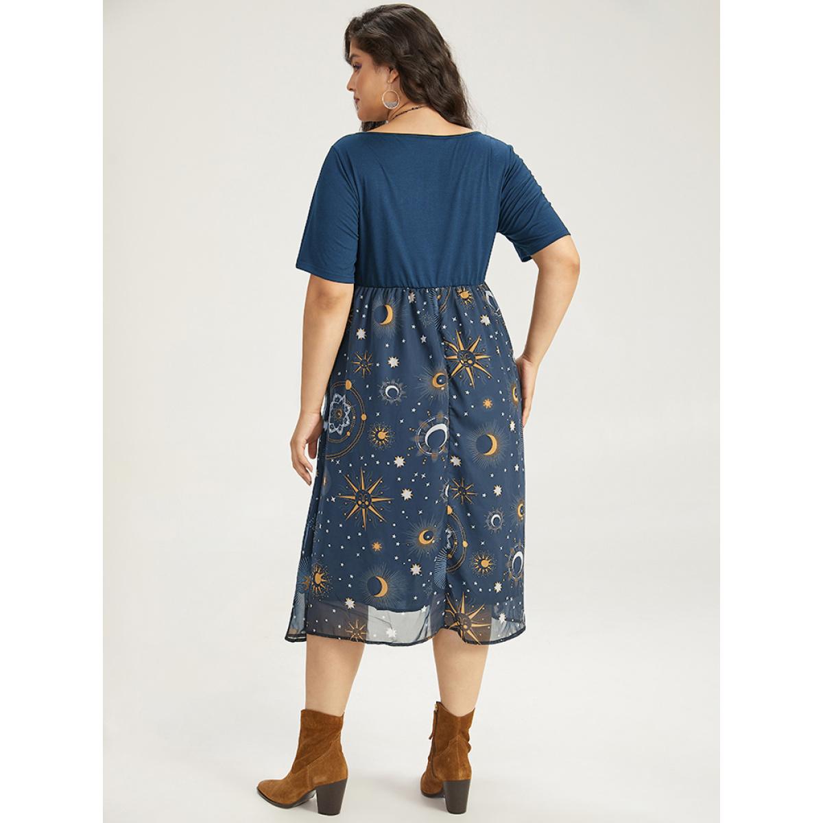 Plus Size Halloween Moon & Star Print Ruched Patchwork Dress Burgundy Women Elegant Gathered Square Neck Short sleeve Curvy Midi Dress BloomChic 14-16/1X Product Image