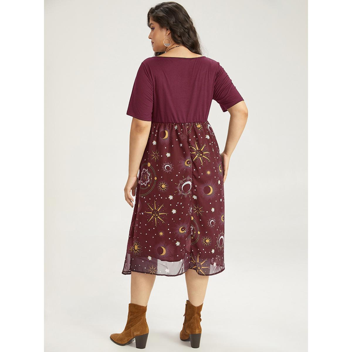 Plus Size Halloween Moon & Star Print Ruched Patchwork Dress Burgundy Women Elegant Gathered Square Neck Short sleeve Curvy Midi Dress BloomChic 14-16/1X Product Image