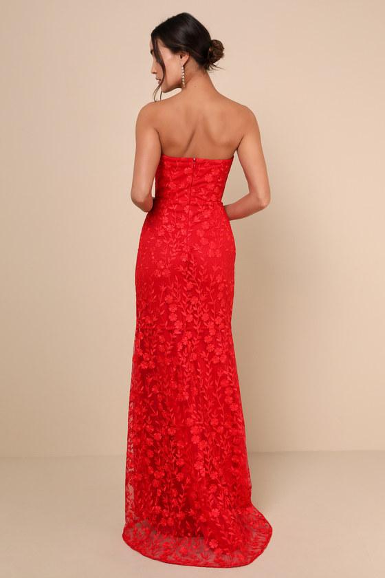 Romantic Beauty Red Floral Embroidered Strapless Maxi Dress Product Image